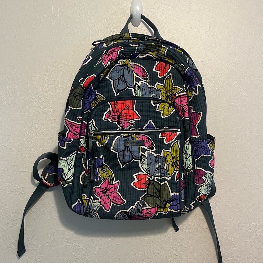 Vera Bradley Campus Tech Backpack Falling Flowers Green Colorful Pockets Bookbag